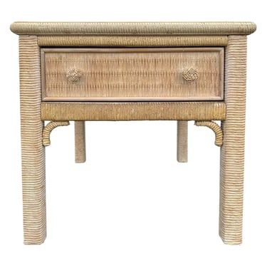 Rattan End Table by Henry Link Wicker 22x27 with Glass Top & Drawer - Vintage Coastal Boho Chic Hollywood Regency Bamboo Style Furniture 