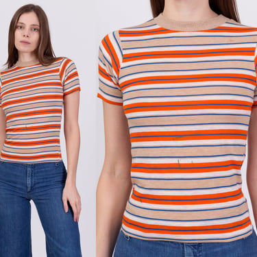 70s Orange Striped Fitted Tee - XXS | Vintage High Crew Neck T Shirt 