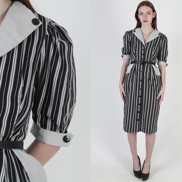 Vintage 80s Black Pin Striped Dress, Deep V Wide Lapel Collar, Knee Length Skinny Pencil Skirt 