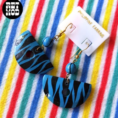 Radical Vintage 80s Deadstock Blue & Black Animal Print Wood Statement Dangle Earrings 