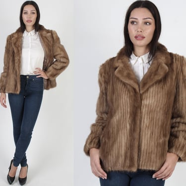 80s Natural Brown Mink Coat, Corded Fur Bomber Jacket, Notched Lapel Collar, Vintage 1980's Recycled Real Fur Jacket Sz M L 