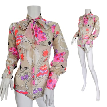 Jantzen 1970's Tan Pink Psychedelic Print Floral One Pice Bodysuit I Sz Med I Nylon 