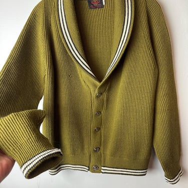 60’s Men’s wool cardigan Sweater~ Mod Retro style 1960’s Pea green with stripes~ Rolled collar extra hipster~ Kandel/  Size Large 