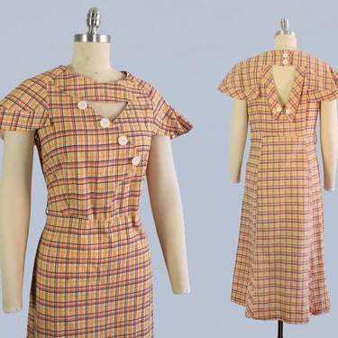1930s Dress / 30s PLAID Cotton Midi Dress / Flutter Sleeves / Art Deco Cutouts 