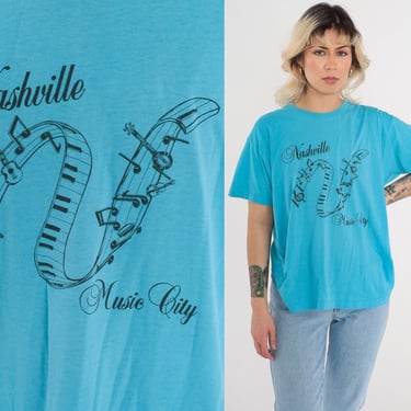 Nashville T-Shirt 90s Tennessee Shirt Music City Graphic Tee Country TShirt Single Stitch Blue Vintage 1990s Screen Stars Medium Large 