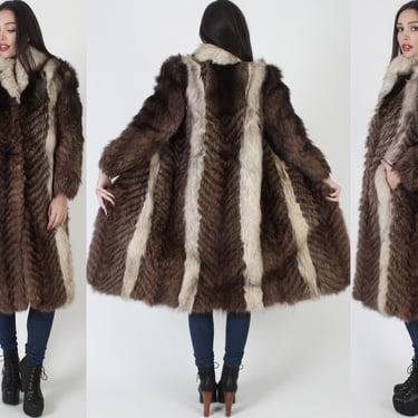Striped Mid Length Raccoon Fur Coat / Vintage 70s Warm Winter Outdoor Overcoat / Feathered Arctic Fox Fur Jacket 