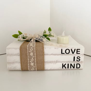 NEW - Love Is Kind Stacked Books, Vintage, Rustic, Aged Books, Black Lettering 