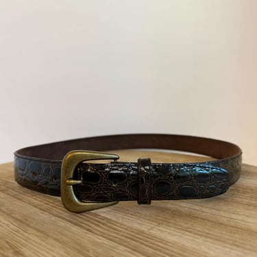 Brown Vintage 90s Vegan Leather Antique Looking Brass Buckle Belt - Small 