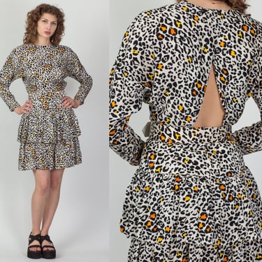 80s Silk Cheetah Print Keyhole Back Party Dress - Small | Vintage Belted Long Sleeve Mini Dress 