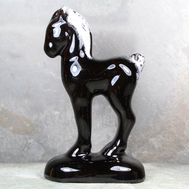 Vintage Black Ceramic Horse Figurine | Mid-Century Modern Horse Figurine | Black Horse | Black Ceramic with White Drip Mane 