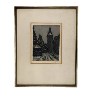 Framed Etching of The Charles Bridge Tower in Prague by Alex j. Peliska 