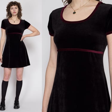 Medium 90s Black & Red Velvet Mini Dress | Vintage Grunge Short Sleeve Little Black Dress 