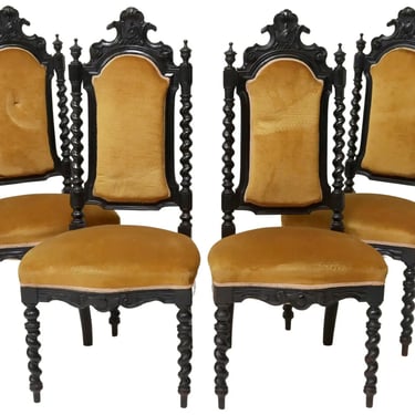 Antique Dining Set, Fauteuils, Side Chairs French Ebonized, Set of Four, 1800s!