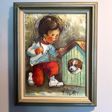 Vintage Painting by Howard / Boy with his dog in the doghouse / Mid Century Big Eyes MCM Style 