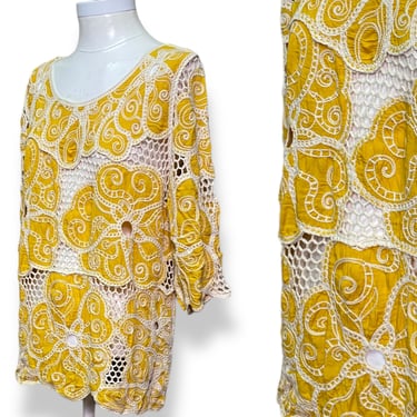 Vintage Crochet Blouse Womens Yellow Floral Bohemian Shirt Medium 