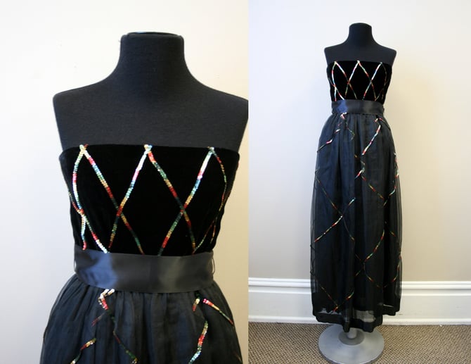 1970s Richilene Black Velvet and Rainbow Sequin Strapless Evening Dress 