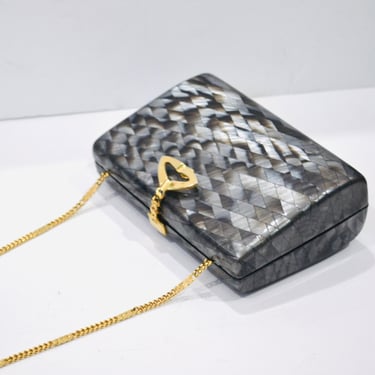 70s 80s Vintage Grey Clutch Hard Case Acrylic Faux Mother of Pearl Clutch Bag// Vintage Grey Gold Hard Acrylic Evening Bag Clutch Small Bag 