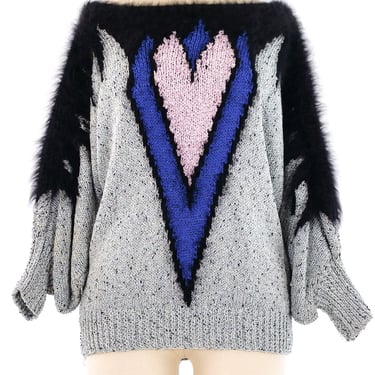 Angora Trimmed Heart Motif Sweater