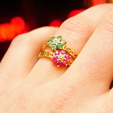Vintage 10K Gold Flower Cluster Rings, Pink &amp; Green Gemstones, Diamond Accent, Embellished Yellow Gold Band, Size 7 1/2 US 