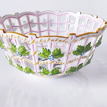 Herend Rothschild Birds Lattice Bowl / Hungarian Openwork Porcelain Basket 