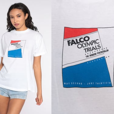 Falco Olympic Trials T Shirt 90s Pentathlon Tee Graphic Tshirt Short Sleeve TShirt 1990s Vintage Sports Single Stitch Medium 