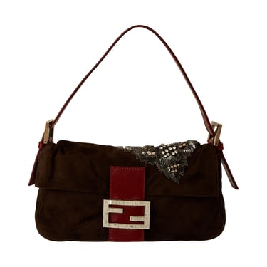 Fendi Brown Suede Embellished Baguette Bag