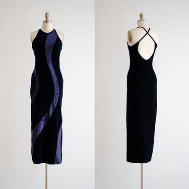 navy velvet dress 90s y2k vintage dark blue velvet sequin low back tight stretchy floor length gown 