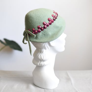 1950s Sage Green Hat with Metallic Pink Studs 