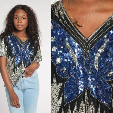 Sequin Butterfly Top 90s Sparkly Silk Blouse Metallic Shirt Boho Disco Blue Black Silver Glam Party Trophy Cocktail Vintage 1990s Small S 