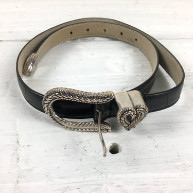 Croc pattern black leather belt with metal heart by Galaxy USA - vintage accessory 
