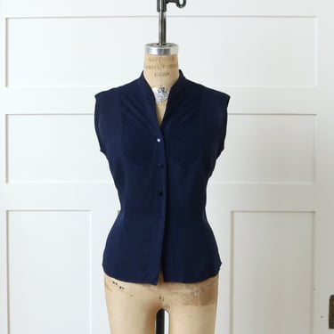 vintage 1950s sleeveless navy blue blouse • pleated bodice tailored casual shirt 