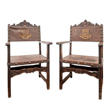 Antique English Renaissance Revival Leather Carved Walnut Armorial Hall Chairs - 19th Century Armchair Pair 