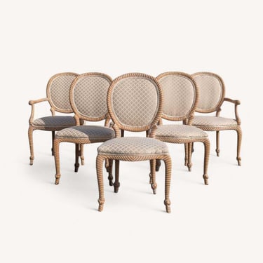 Set of 6 Casa Stradivari Balloon Back Dining Chairs – Carved Beech Wood, Vintage Cream Upholstery, Cerused Finish, Postmodern, 80s 