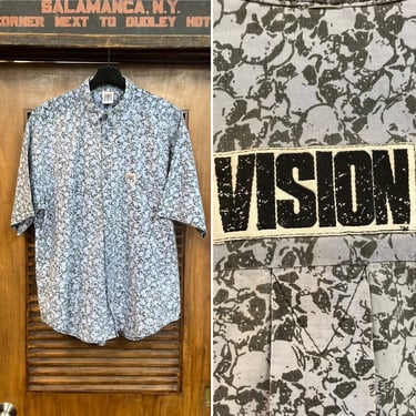 Vintage 1980’s “Vision Street Wear” AOP Skull Print Cotton Surf Skate Punk New Wave Shirt, Size L, 80’s Vintage Clothing 