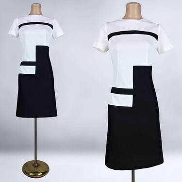 VINTAGE 60s Black and White Mondrian Mini Dress 36B/32W/39H| 1960s Go-Go Scooter Shift Dress | VFG 