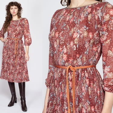 Medium 70s Mauve Floral Plisse Dress | Vintage Matti Of Lynne 3/4 Sleeve Belted Midi Dress 