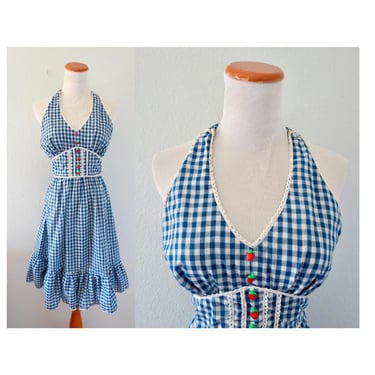 Vintage Gingham Sundress - 70s Blue & White Checkered Halter Summer Dress with Strawberry Buttons - Size XS 