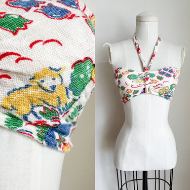 Vintage 1940s Lamb Novelty Print Bikini Top / Sun Halter Top // XXS 
