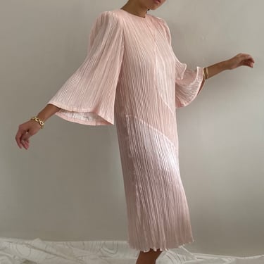 80s plissé dress / vintage blush pink plissé fortuny pleats flutter bell sleeve cocktail evening midi dress | Medium 