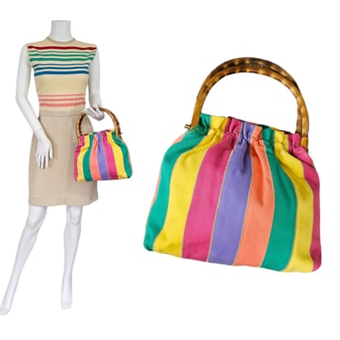 1960's Rainbow Stripe Cloth Handbag I Bag I Purse Bamboo I Carpetbags of America 