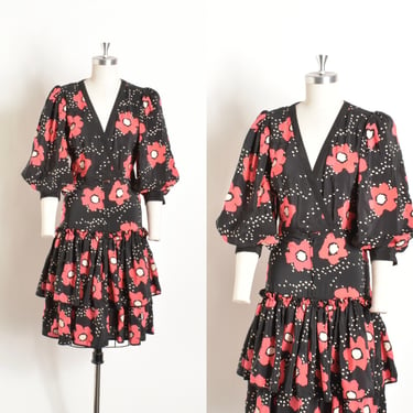 Vintage 1980s Dress / 80s Floral Print Puff Sleeve Silk Dress / Black Pink ( small S ) 