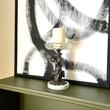Vintage Crystal Ashtray/ Candle Dish/Soap Dish with Metal Cherub Stand and Marble Base (Made in France) 