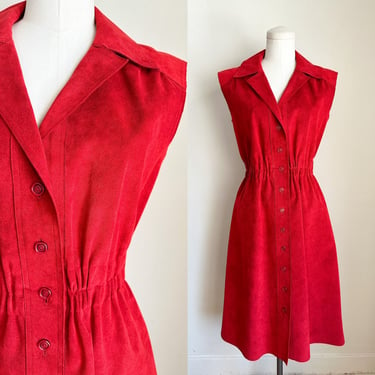 Vintage 1970s Deep Red Faux Suede Shirt Dress • M 