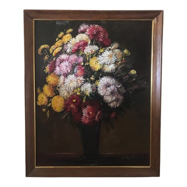 22x18 Vintage Original Signed Oil Botanical Painting Bouquet Of Dahlias, Chrysanthemums, Daisies In A Vase | Realism Still Life 