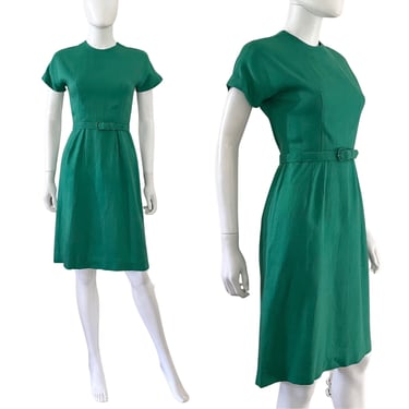 1950s Kelly Green Linen Dress - 1950s Green Dress - Vintage Linen Dress - 1950s Sheath Dress - Mid Century Dress | Size Small 