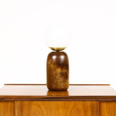 Studio Craft Modernist Walnut Accent Table Lamp — Lathe Turned with Glass Globe + Brass — TL11 