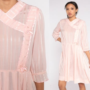 Baby Pink Striped Dress 70s 80s Mini Dress Sheer High Waisted Dress Rosettes Feminine Pleated Girly Boho Retro Day Vintage Medium Large 