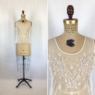 Vintage 20s top | Vintage white embroidered camisole | 1920s net tulle tank top 