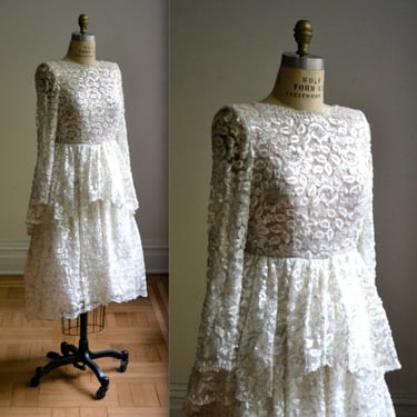Exquisite Vintage White Lace Wedding Dress Sequin Beads Small// 70s 80s Vintage Sequin LaceParty Dress Long Sleeve Ruffle Wedding Dress 