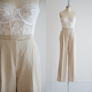 high waisted pants 90s vintage Liz Claiborne beige linen straight leg trousers 